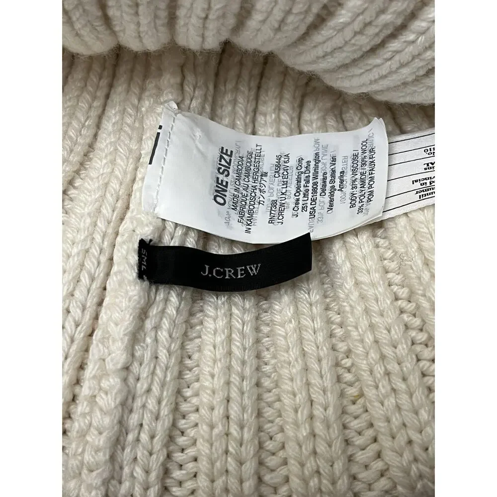 J CREW Hat Womens OS Ribbed Cuffed Pom-Pom Beanie NWOT Knit Cotton Ivory